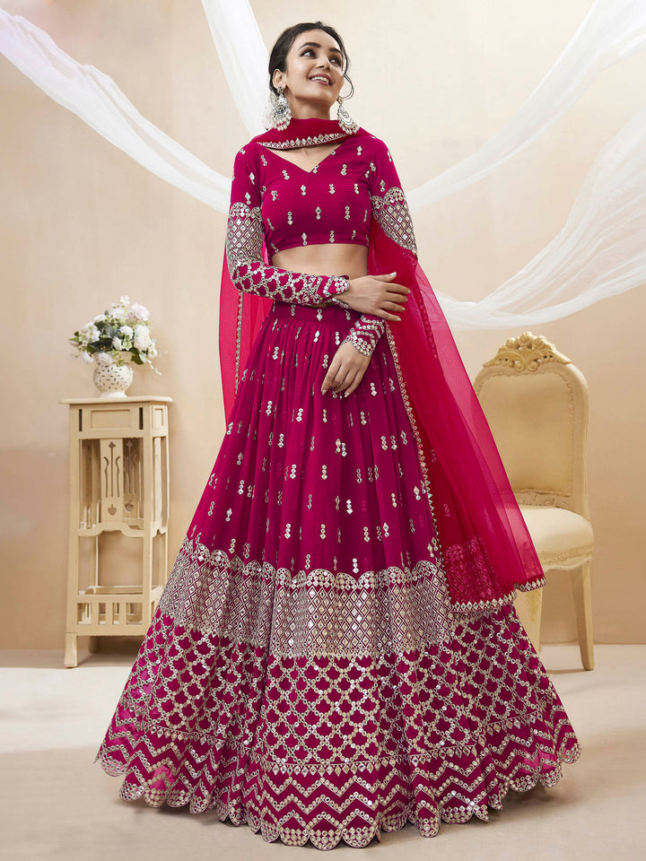 Pink Georgette Embroidered Semi Stitched Lehenga Choli with Dupatta