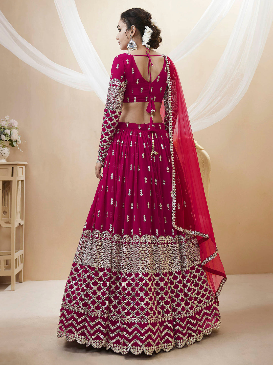 Pink Georgette Embroidered Semi Stitched Lehenga Choli with Dupatta