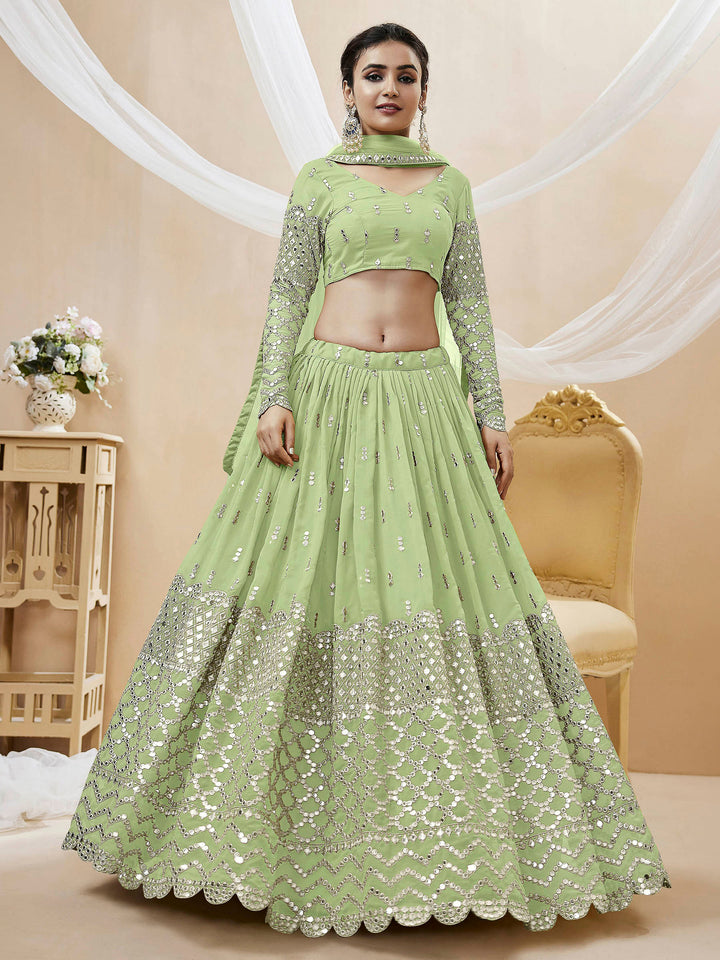Pista-Green Georgette Embroidered Semi Stitched Lehenga Choli with Dupatta