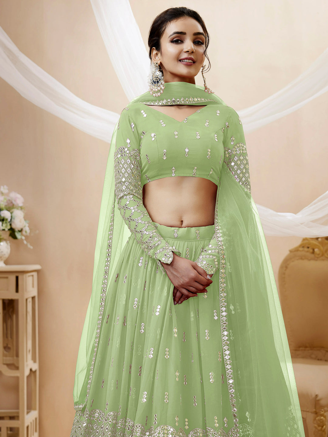 Pista-Green Georgette Embroidered Semi Stitched Lehenga Choli with Dupatta