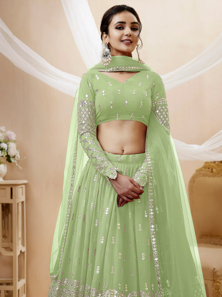 Pista-Green Georgette Embroidered Semi Stitched Lehenga Choli with Dupatta
