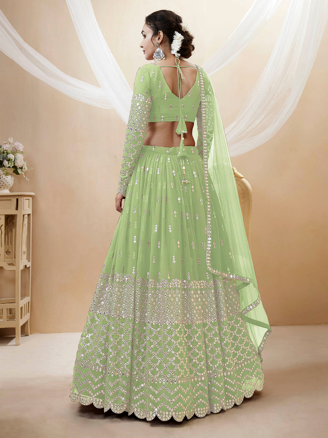 Pista-Green Georgette Embroidered Semi Stitched Lehenga Choli with Dupatta