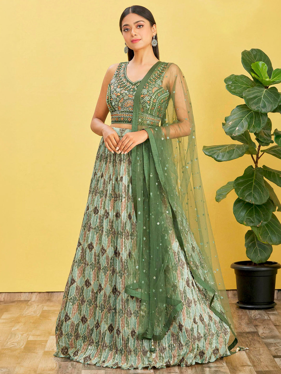 Green Art Silk Embroidered Semi Stitched Lehenga Choli with Dupatta