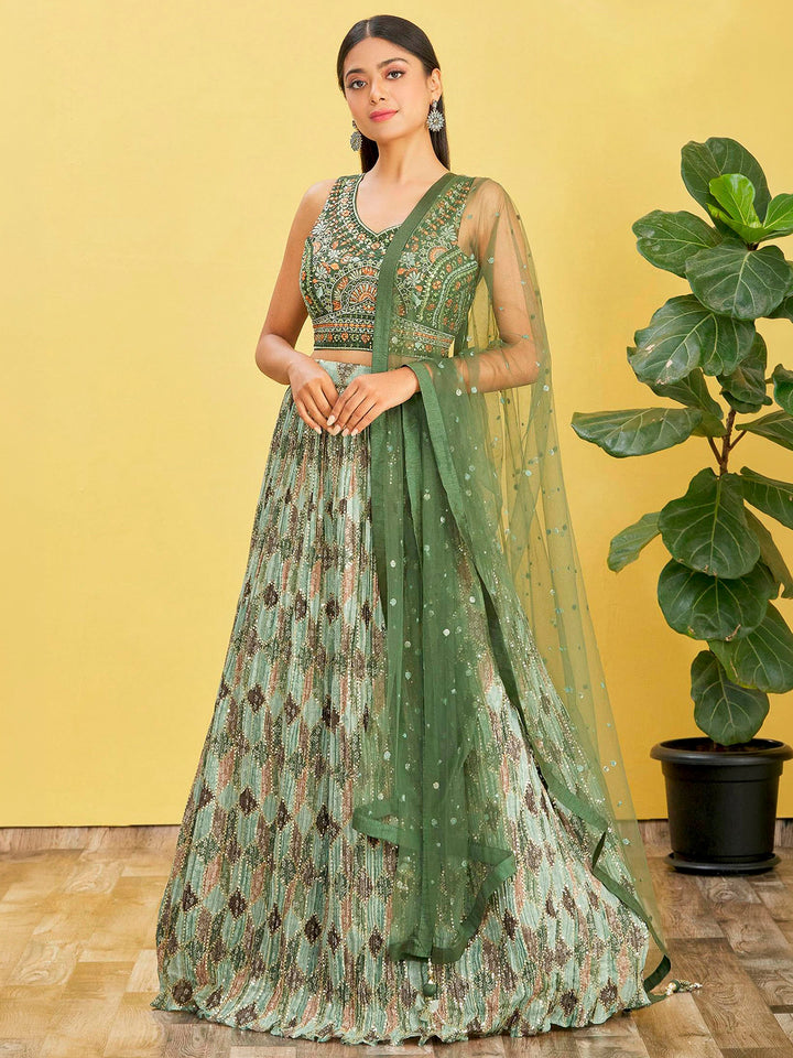 Green Art Silk Embroidered Semi Stitched Lehenga Choli with Dupatta