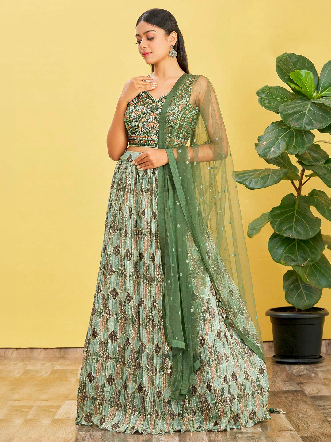 Green Art Silk Embroidered Semi Stitched Lehenga Choli with Dupatta