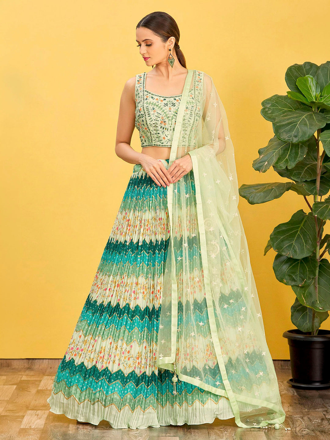 Pista-Green Art Silk Embroidered Semi Stitched Lehenga Choli with Dupatta