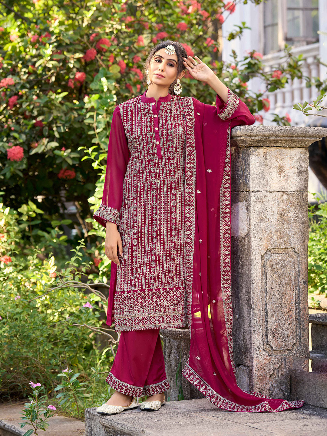 Pink Embroidered Art Silk Semi Stitched Kurta With Pant &amp; Dupatta