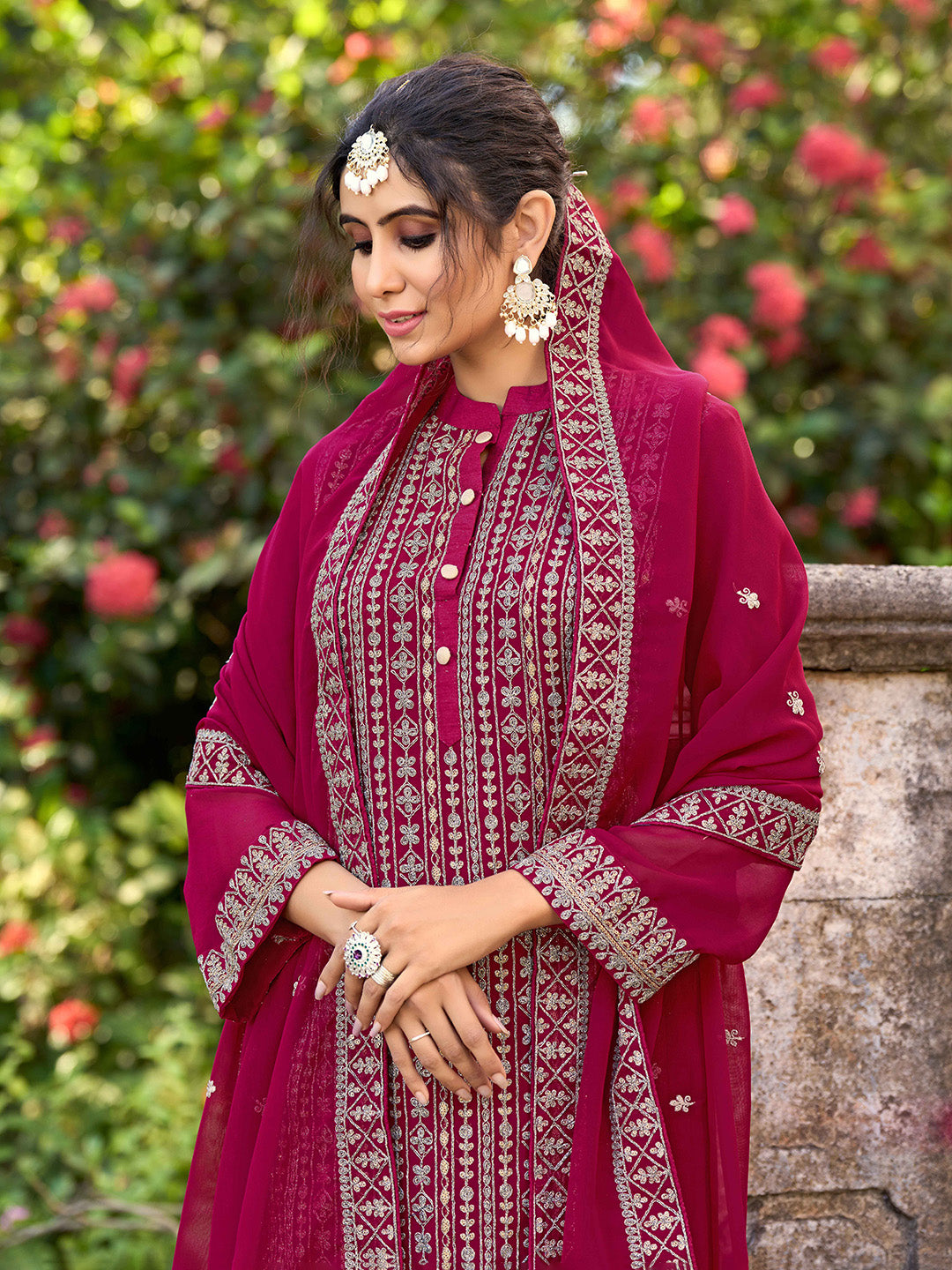 Pink Embroidered Art Silk Semi Stitched Kurta With Pant &amp; Dupatta
