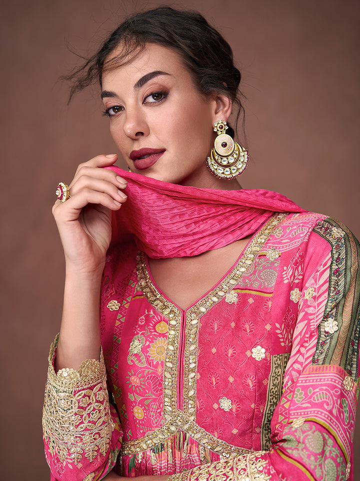 Pink Organza Embroidered Kurta Pant With Dupatta