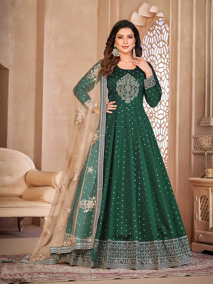Green Embroidered Art Silk Semi Stitched Kurta With Churidar Pajami &amp; Dupatta