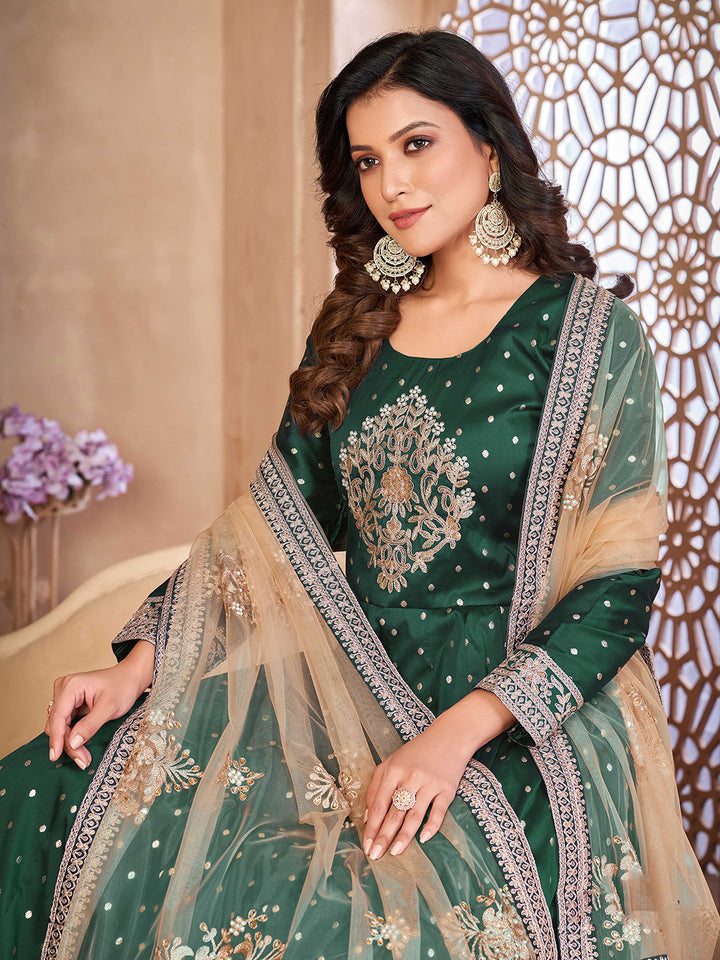 Green Embroidered Art Silk Semi Stitched Kurta With Churidar Pajami &amp; Dupatta
