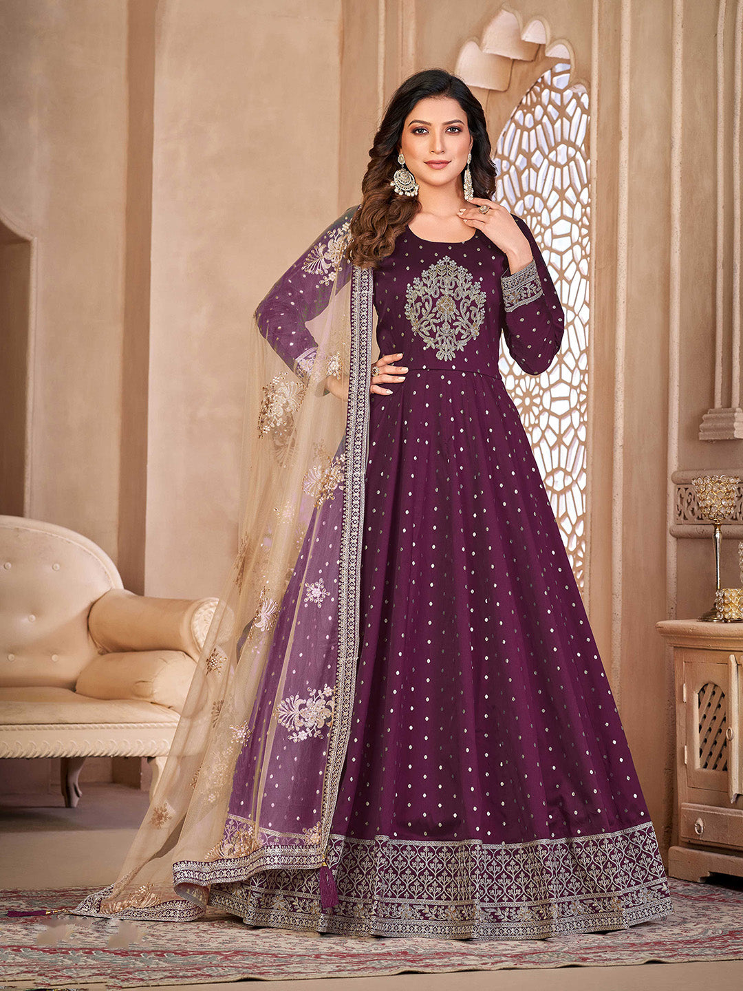 Purple Embroidered Art Silk Semi Stitched Kurta With Churidar Pajami &amp; Dupatta
