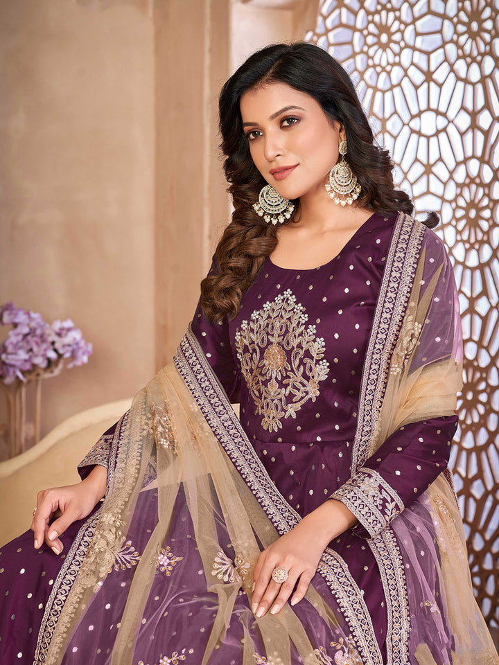 Purple Embroidered Art Silk Semi Stitched Kurta With Churidar Pajami &amp; Dupatta