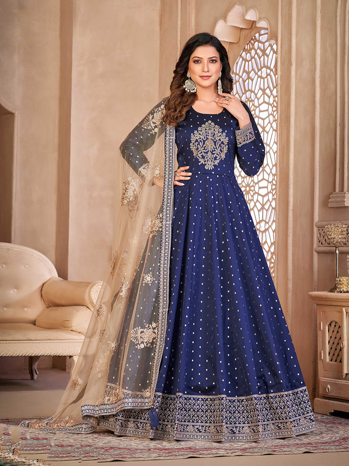 Blue Embroidered Art Silk Semi Stitched Kurta With Churidar Pajami &amp; Dupatta
