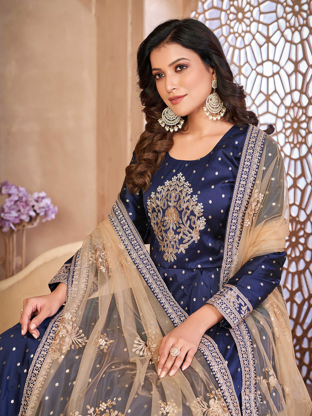 Blue Embroidered Art Silk Semi Stitched Kurta With Churidar Pajami &amp; Dupatta