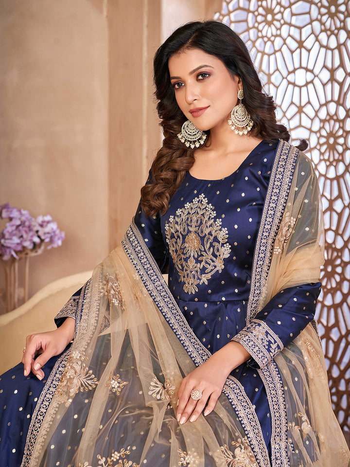 Blue Embroidered Art Silk Semi Stitched Kurta With Churidar Pajami &amp; Dupatta