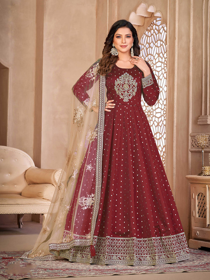 Maroon Embroidered Art Silk Semi Stitched Kurta With Churidar Pajami &amp; Dupatta