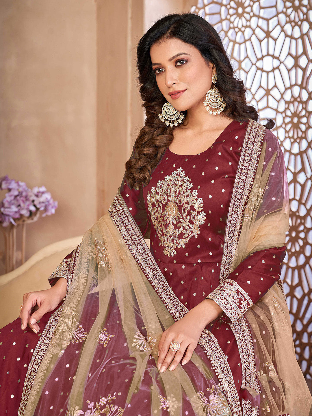 Maroon Embroidered Art Silk Semi Stitched Kurta With Churidar Pajami &amp; Dupatta