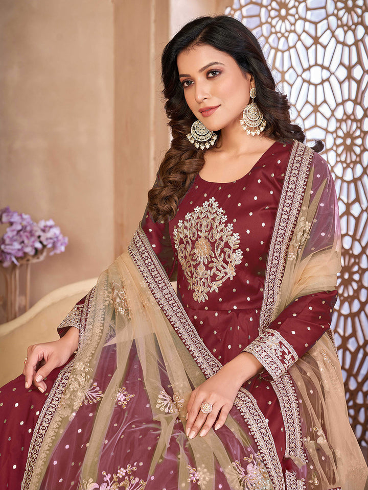Maroon Embroidered Art Silk Semi Stitched Kurta With Churidar Pajami &amp; Dupatta