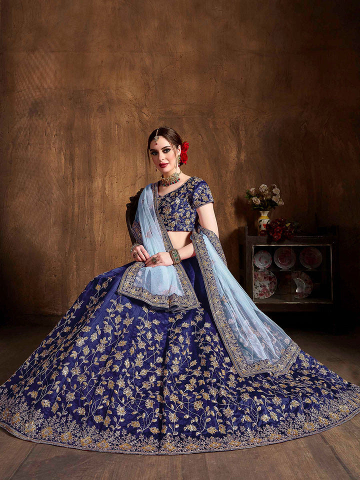 Blue Art Silk Embroidered Semi Stitched Lehenga Choli with Dupatta