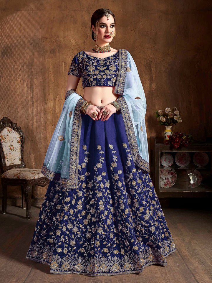 Blue Art Silk Embroidered Semi Stitched Lehenga Choli with Dupatta
