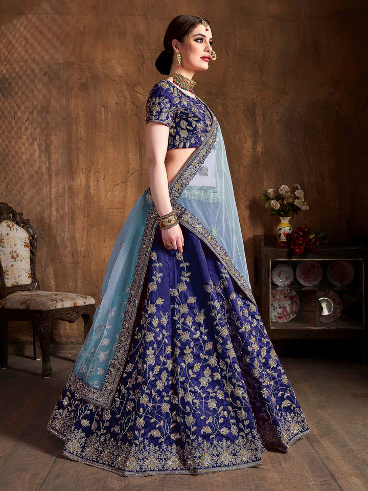Blue Art Silk Embroidered Semi Stitched Lehenga Choli with Dupatta