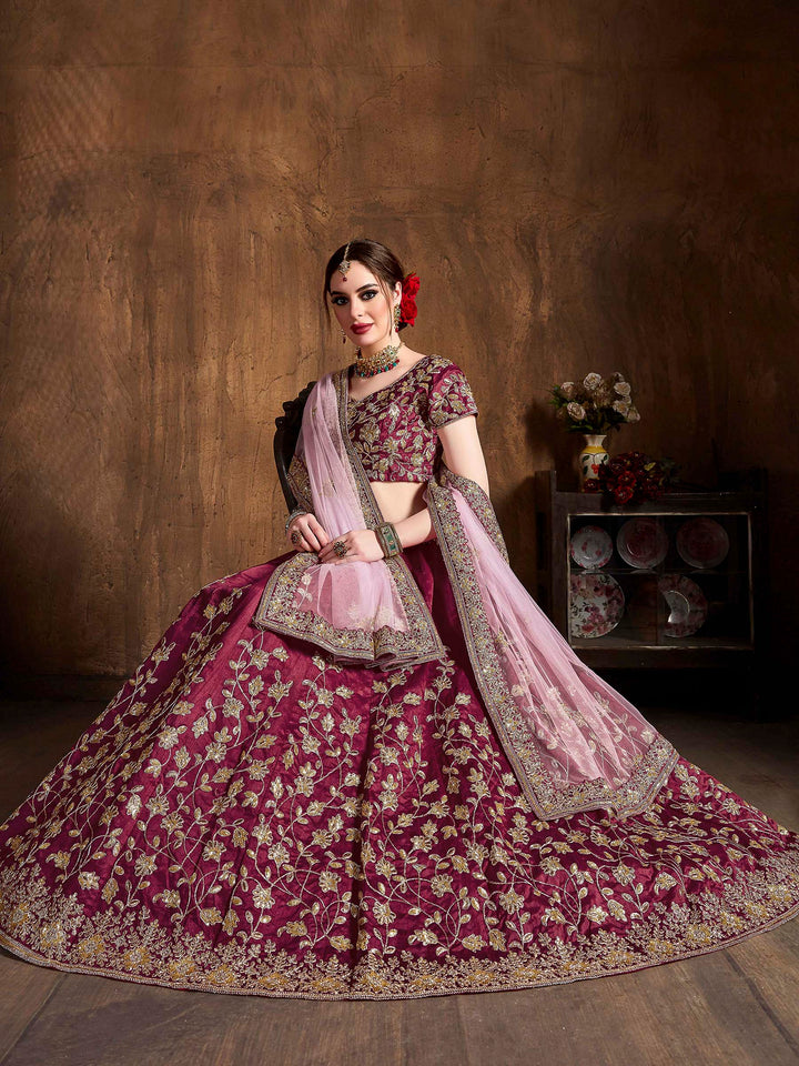 Maroon Art Silk Embroidered Semi Stitched Lehenga Choli with Dupatta