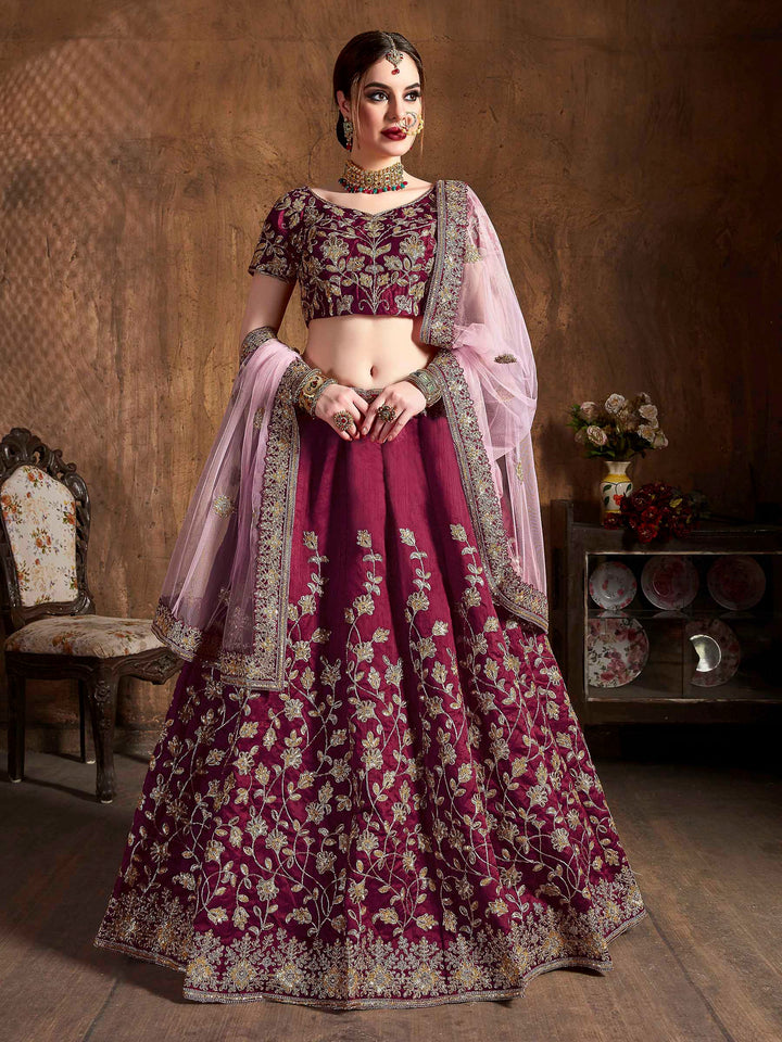 Maroon Art Silk Embroidered Semi Stitched Lehenga Choli with Dupatta