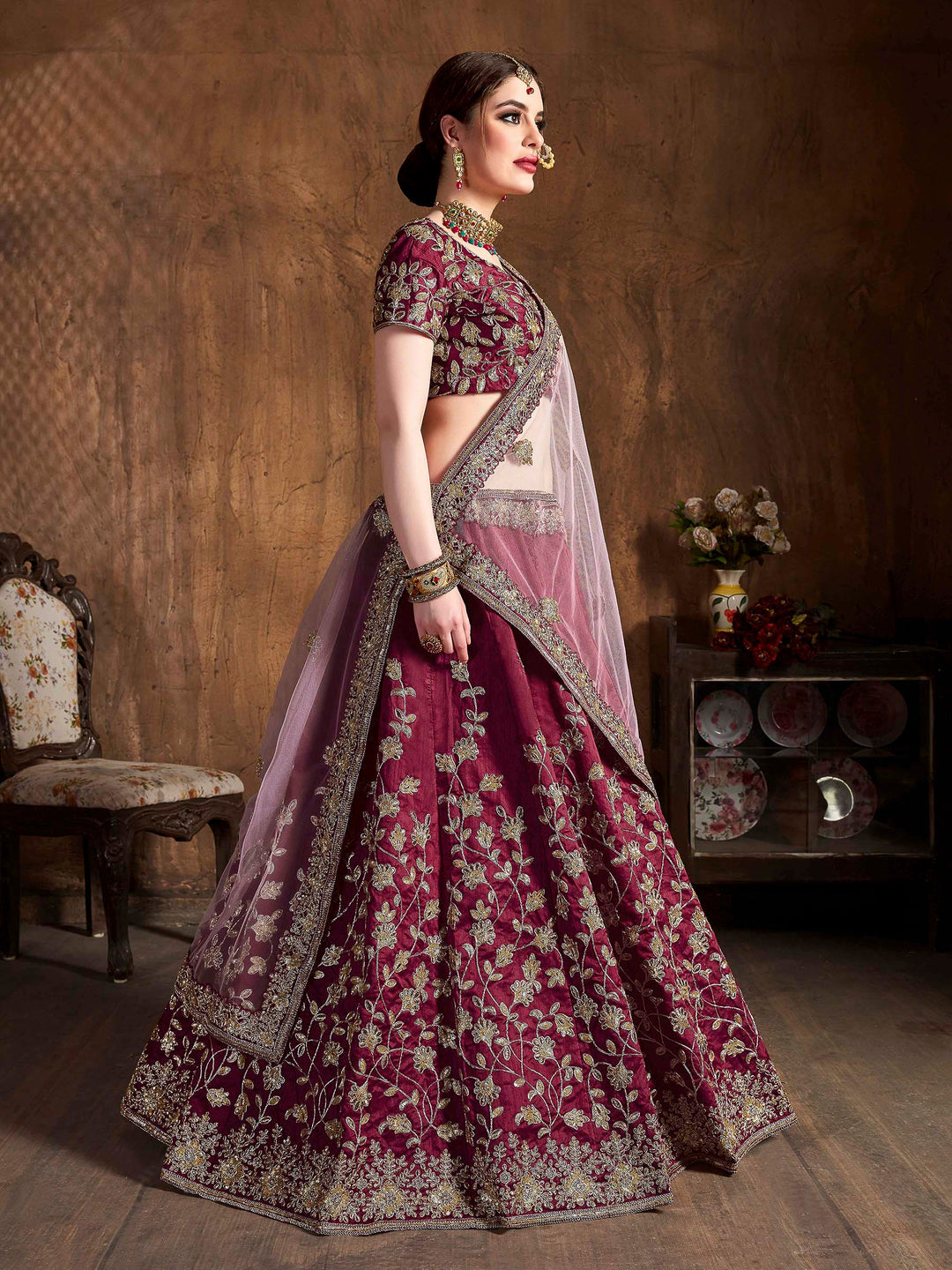 Maroon Art Silk Embroidered Semi Stitched Lehenga Choli with Dupatta