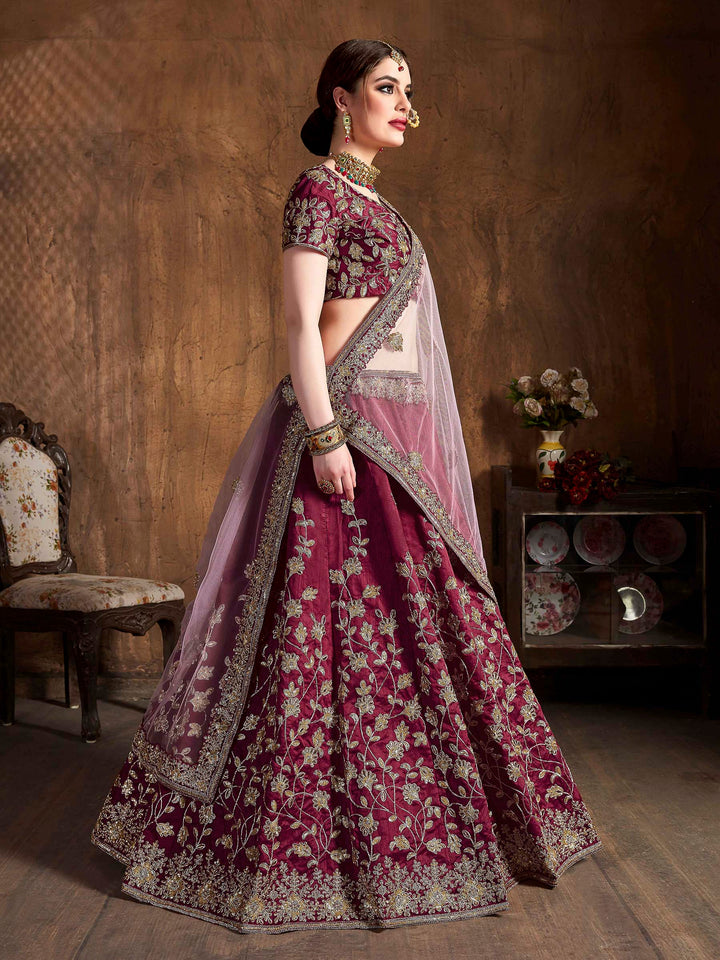 Maroon Art Silk Embroidered Semi Stitched Lehenga Choli with Dupatta