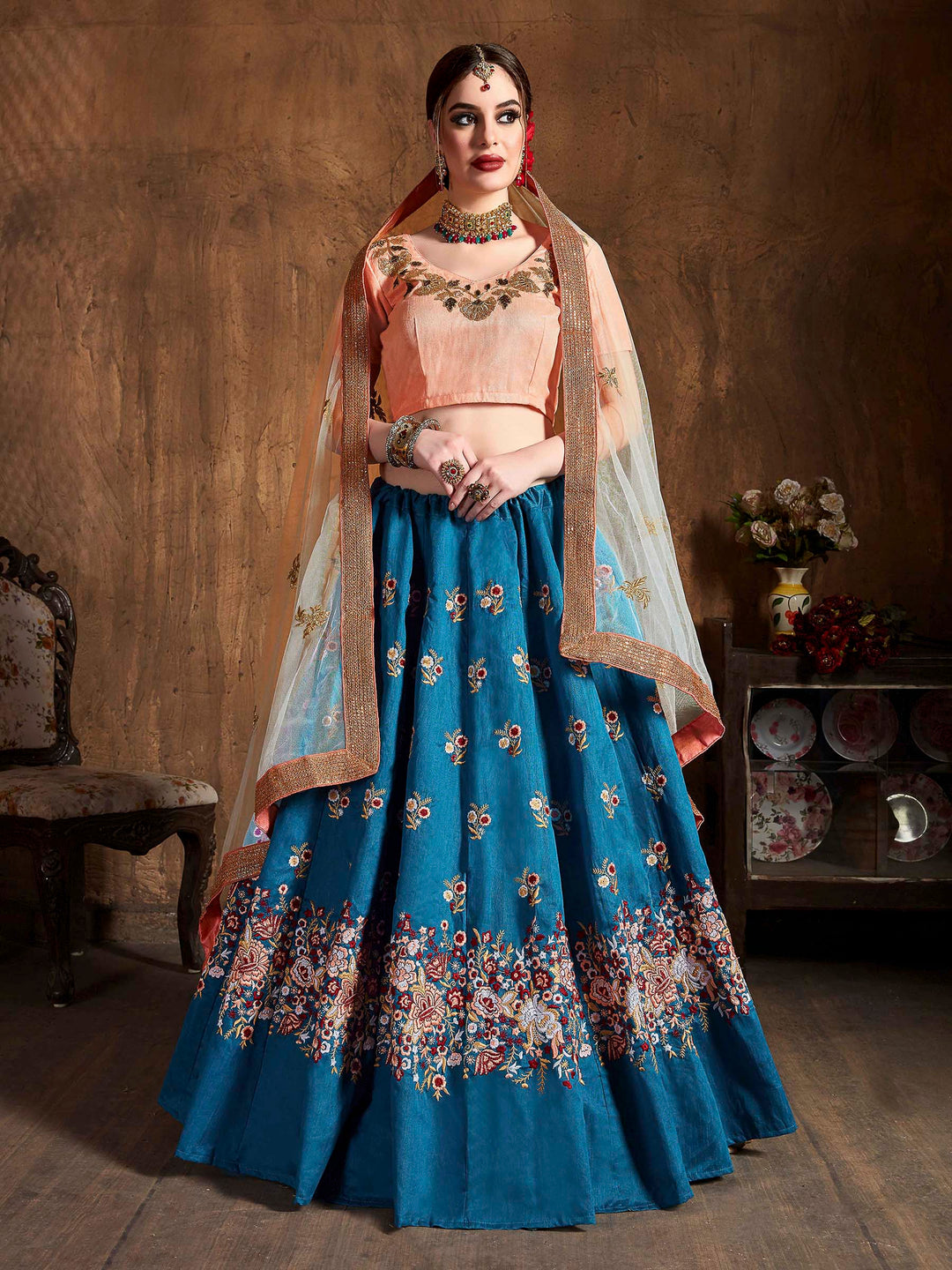 Teal-Blue Art Silk Embroidered Semi Stitched Lehenga Choli with Dupatta