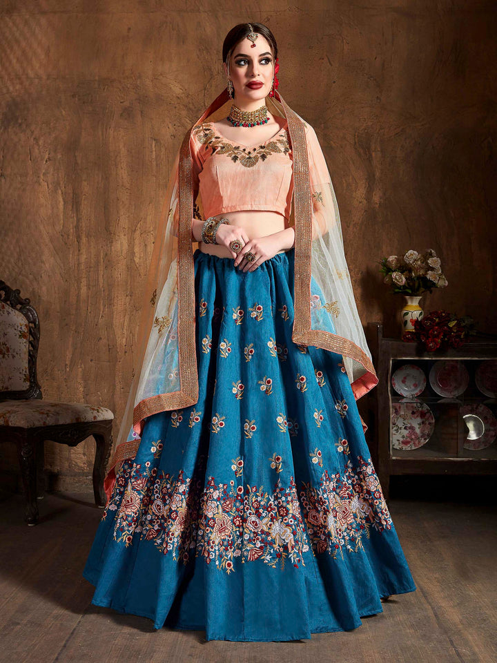 Teal-Blue Art Silk Embroidered Semi Stitched Lehenga Choli with Dupatta