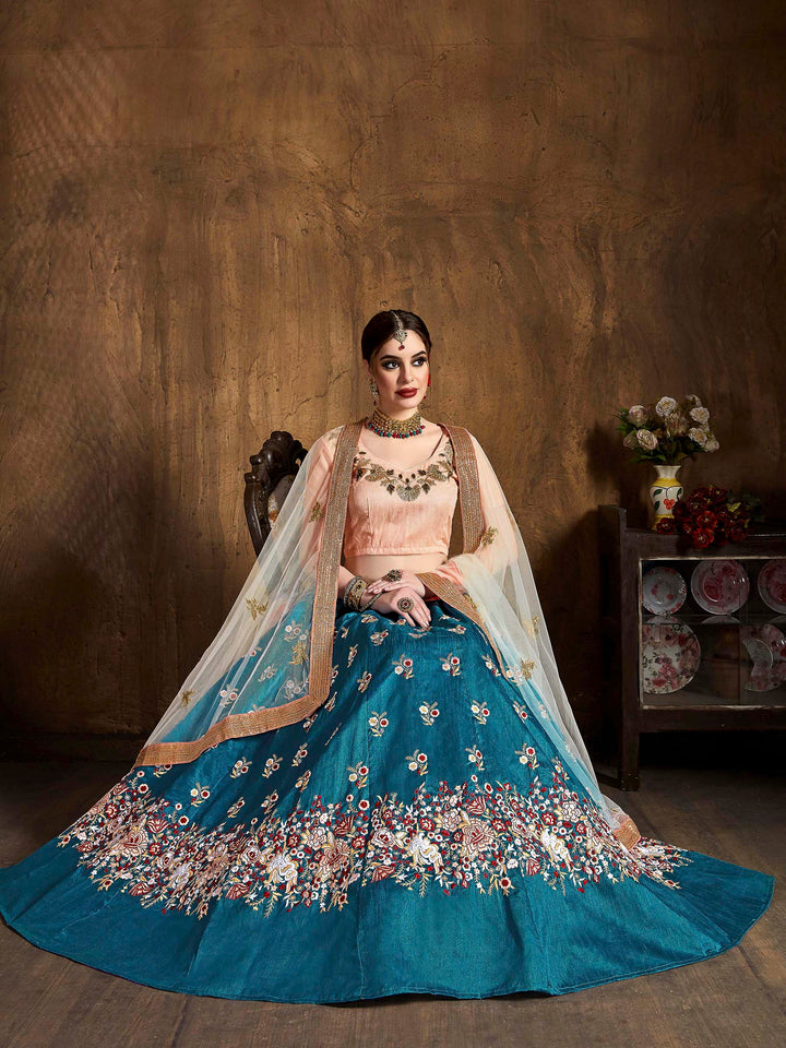 Teal-Blue Art Silk Embroidered Semi Stitched Lehenga Choli with Dupatta