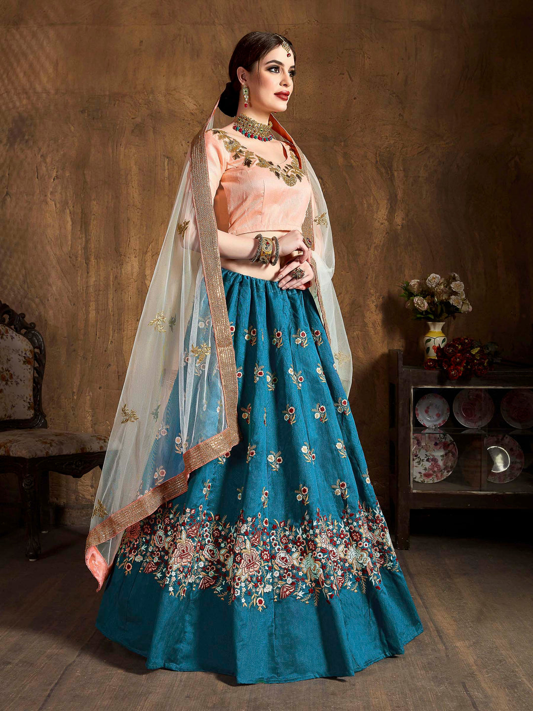 Teal-Blue Art Silk Embroidered Semi Stitched Lehenga Choli with Dupatta