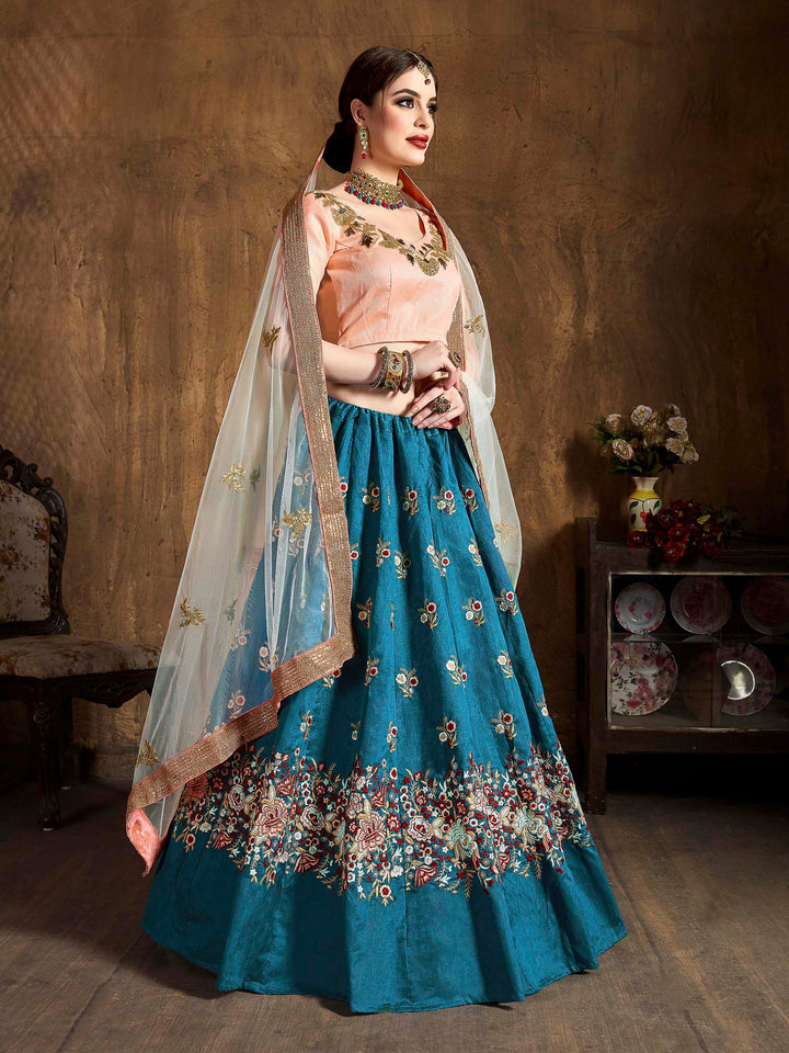 Teal-Blue Art Silk Embroidered Semi Stitched Lehenga Choli with Dupatta