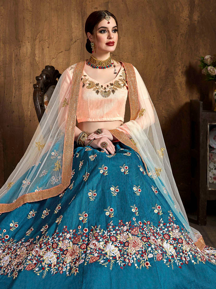 Teal-Blue Art Silk Embroidered Semi Stitched Lehenga Choli with Dupatta
