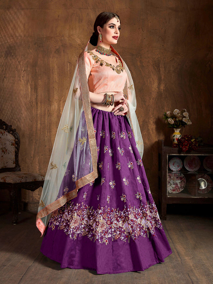 Purple Art Silk Embroidered Semi Stitched Lehenga Choli with Dupatta