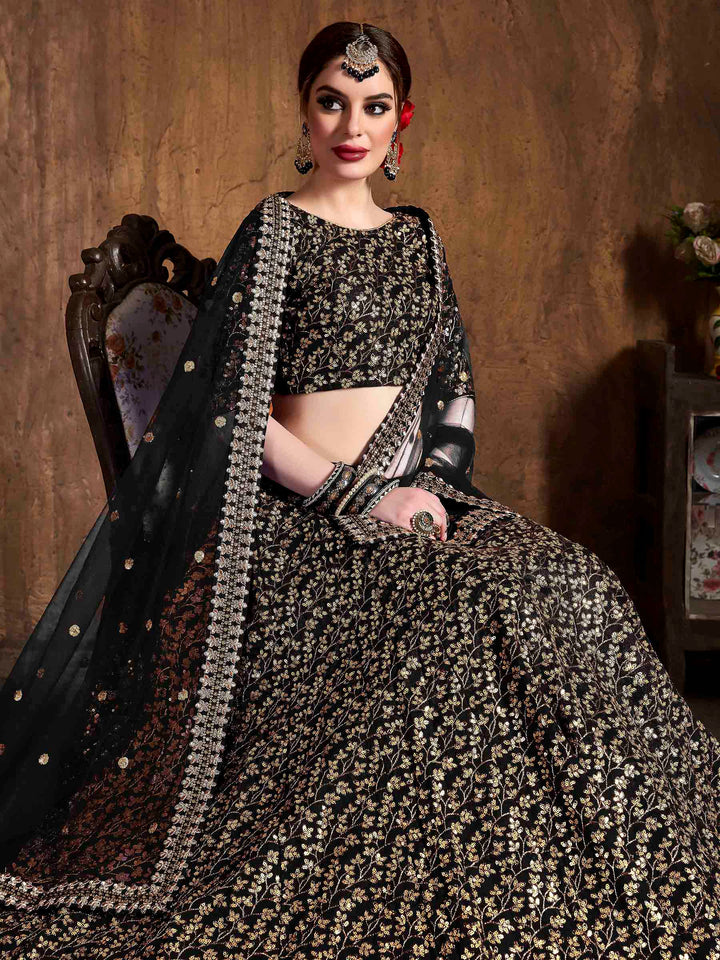 Black Art Silk Embroidered Semi Stitched Lehenga Choli with Dupatta
