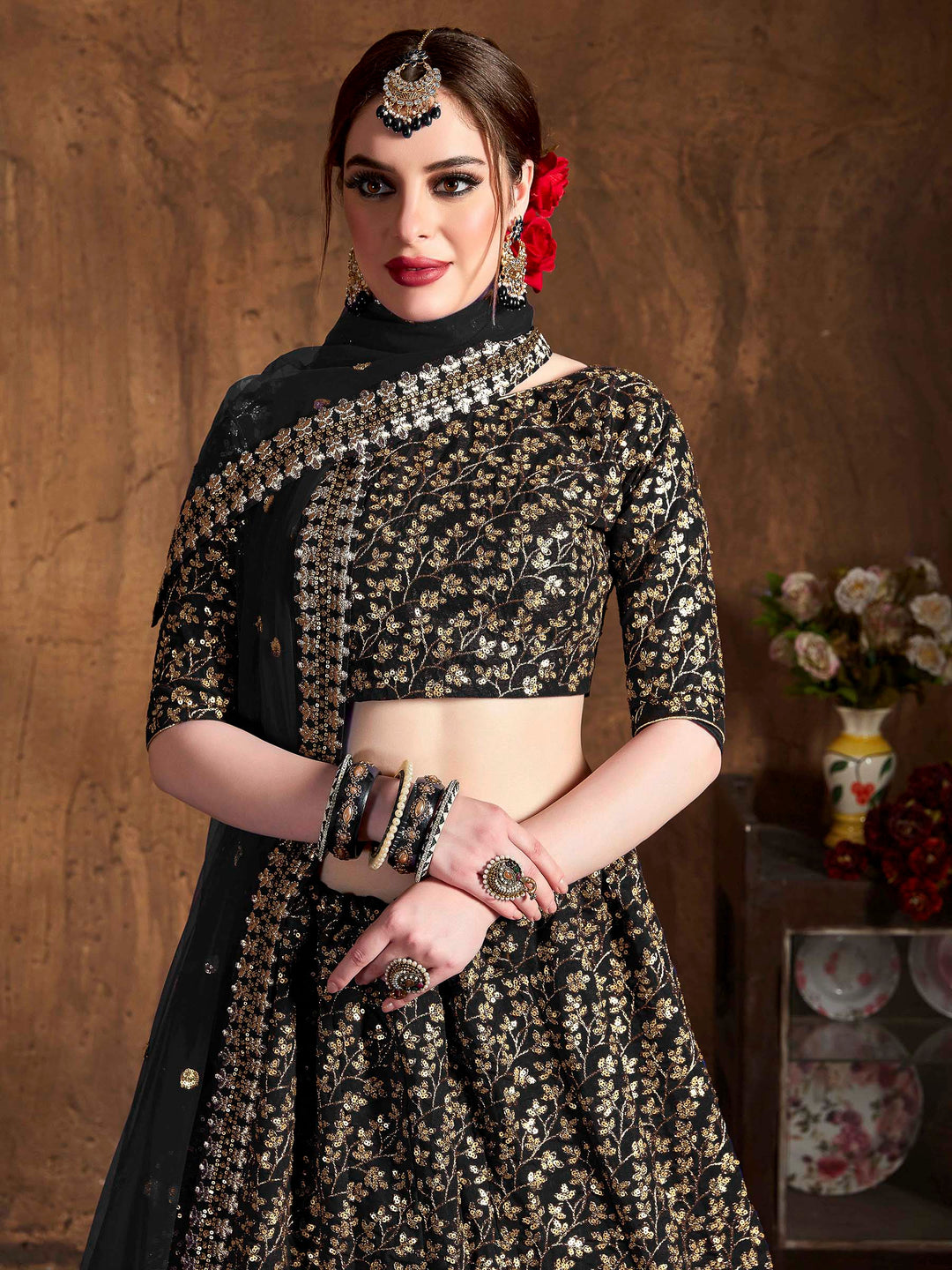 Black Art Silk Embroidered Semi Stitched Lehenga Choli with Dupatta
