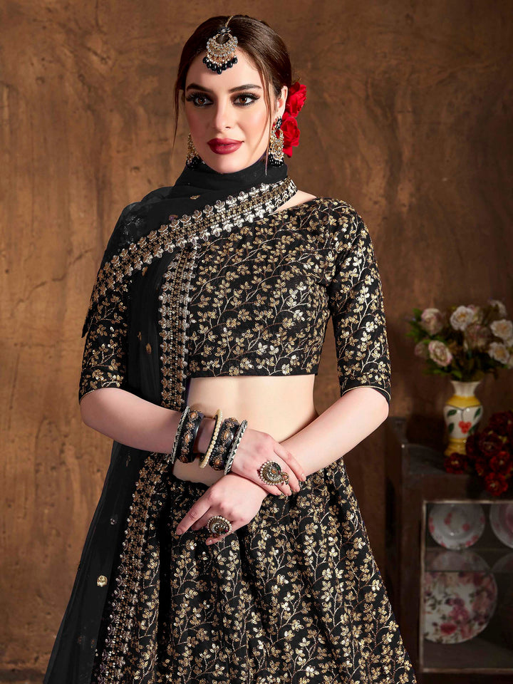 Black Art Silk Embroidered Semi Stitched Lehenga Choli with Dupatta