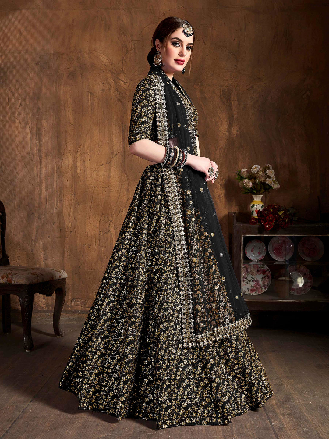 Black Art Silk Embroidered Semi Stitched Lehenga Choli with Dupatta