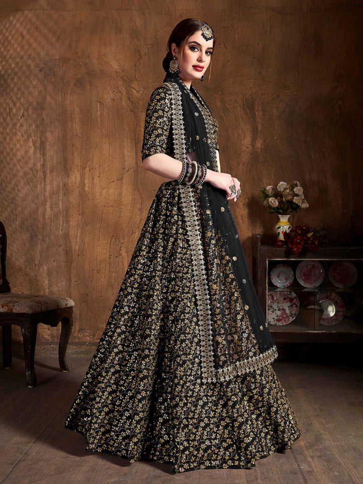 Black Art Silk Embroidered Semi Stitched Lehenga Choli with Dupatta