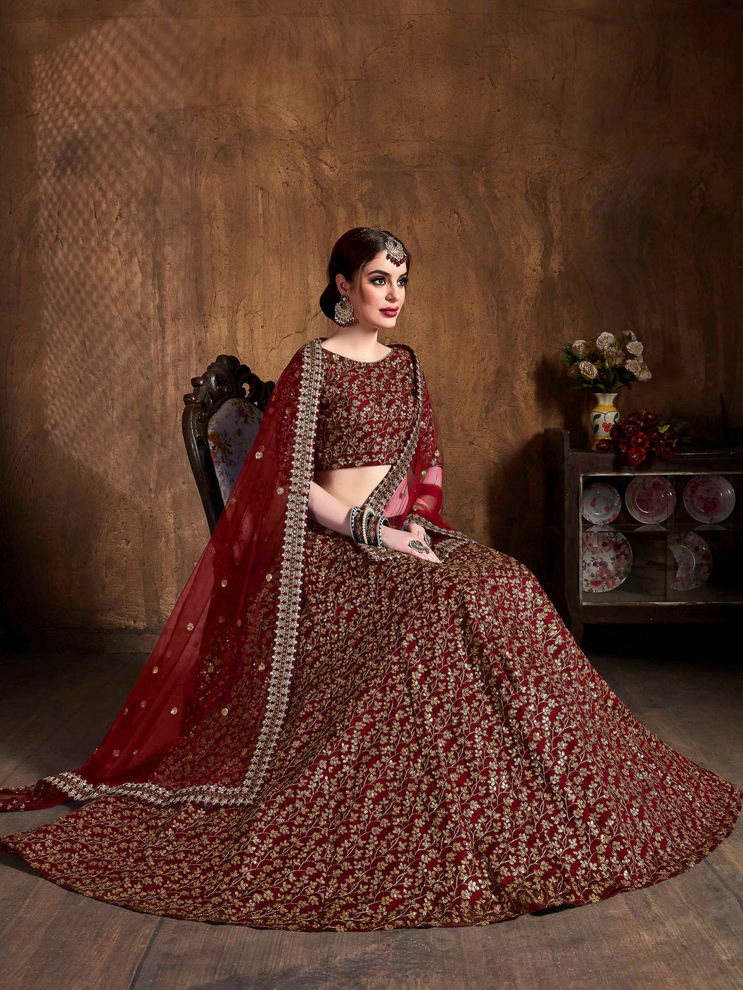Maroon Art Silk Embroidered Semi Stitched Lehenga Choli with Dupatta