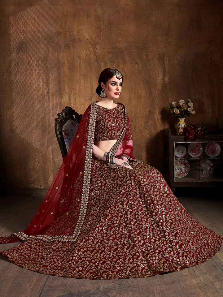 Maroon Art Silk Embroidered Semi Stitched Lehenga Choli with Dupatta