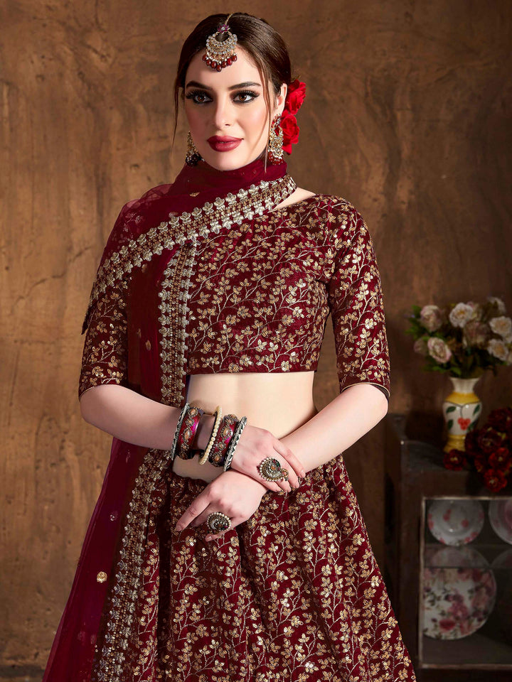 Maroon Art Silk Embroidered Semi Stitched Lehenga Choli with Dupatta