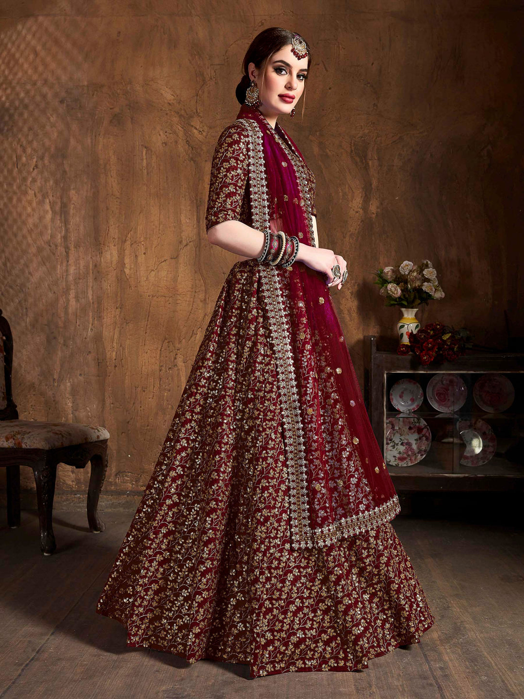 Maroon Art Silk Embroidered Semi Stitched Lehenga Choli with Dupatta