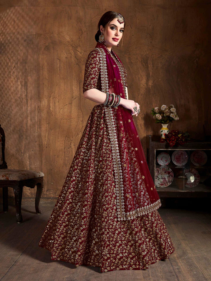 Maroon Art Silk Embroidered Semi Stitched Lehenga Choli with Dupatta