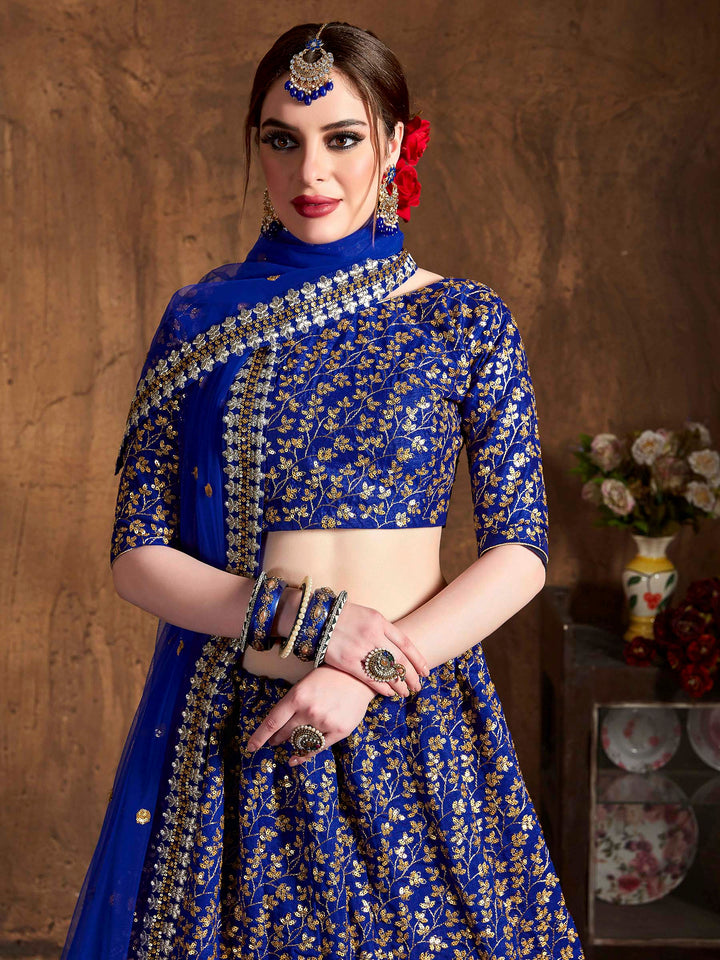 Blue Art Silk Embroidered Semi Stitched Lehenga Choli with Dupatta