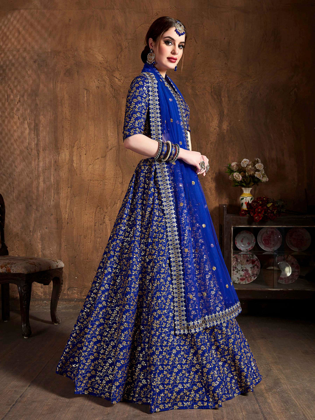Blue Art Silk Embroidered Semi Stitched Lehenga Choli with Dupatta