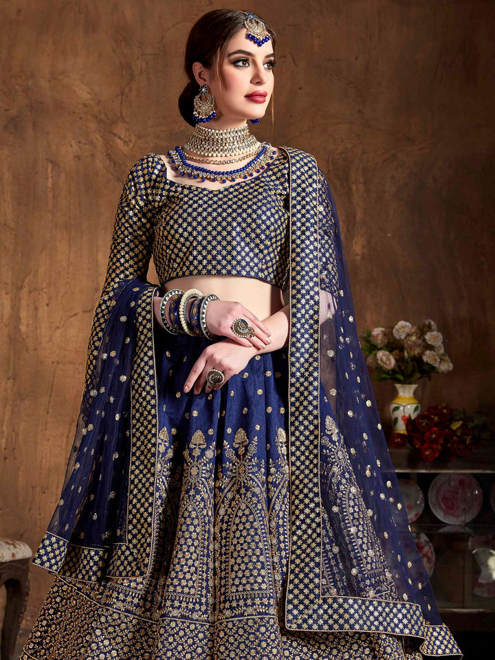 Blue Art Silk Embroidered Semi Stitched Lehenga Choli with Dupatta